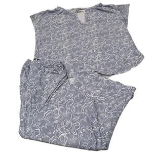 Nottibianche Split Round Neck Short Sleeve Pant 2 Piece Pajama Set Blue White M